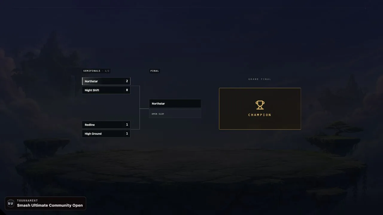 Example Micr Game Day stage for Super Smash Bros. Ultimate, showing semifinals and a final over a game-themed backdrop